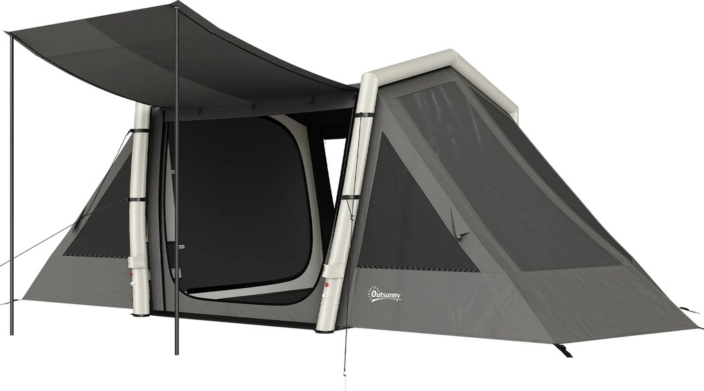 Outsunny Cort Gonflabil de Camping 4 Persoane Blackout Cort cu Aer 5,8m Lungime 2 Dormitoare și Zonă de Zi 580x270x202cm Gri Închis | Aosom Romania