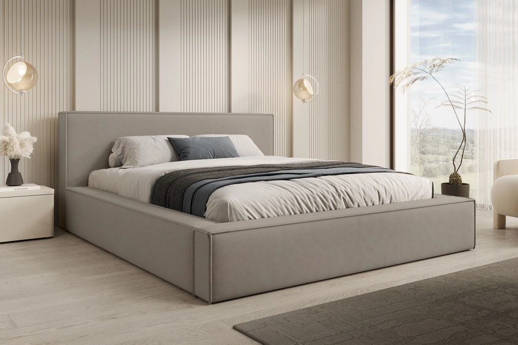 Pat tapițat Nirello 160x200 cu ladă de depozitare - catifea bej Castel 15