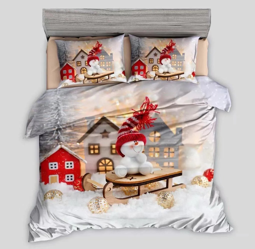 Lenjerie de pat 3D din bumbac SNOWMAN ON A SLEIGH gri, 100% bumbac Dimensiune lenjerie de pat: 70 x 90 cm | 140 x 200 cm