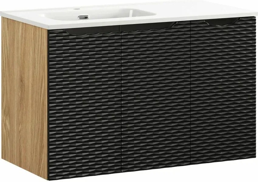 Set dulap baza suspendat 90 cm cu lavoar si dulap lateral Comad Ocean stejar uleiat si negru mat