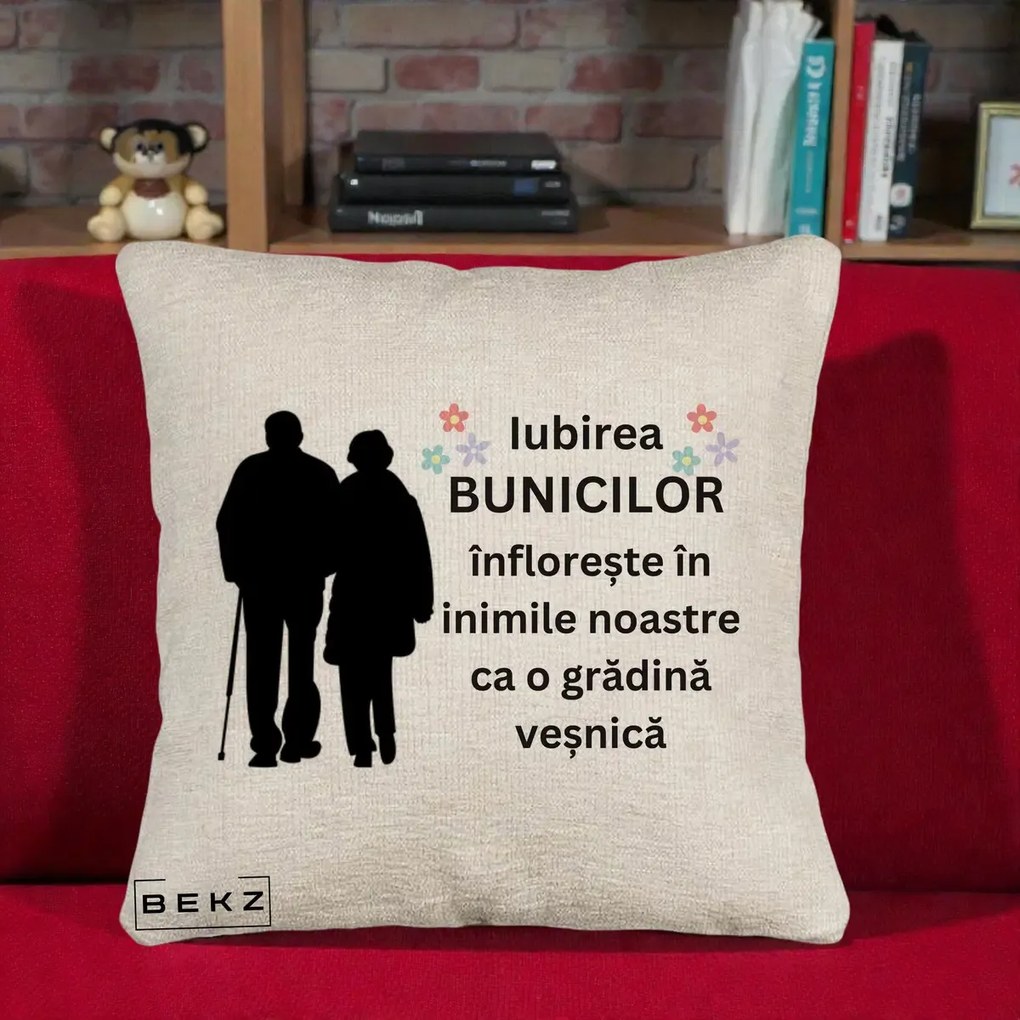 Cadou pentru Bunici - Perna Personalizata Bunicii Iubirea Infloreste Silueta Neagra Flori, 40x40 cm, Bej Canapea, Husa Detasabila, Perna Inclusa, BEKZ®
