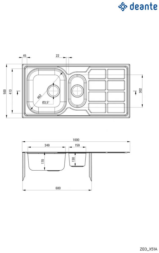 Chiuvetă din inox, 1,5-cuve cu picurător, Soul, ZEO_051A