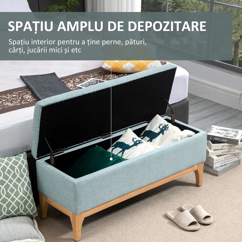Banca de Depozitare HOMCOM din Tesatura cu Efect In si Lemn pentru Hol, 110x39x45lcm, Albastru deschis | Aosom Romania