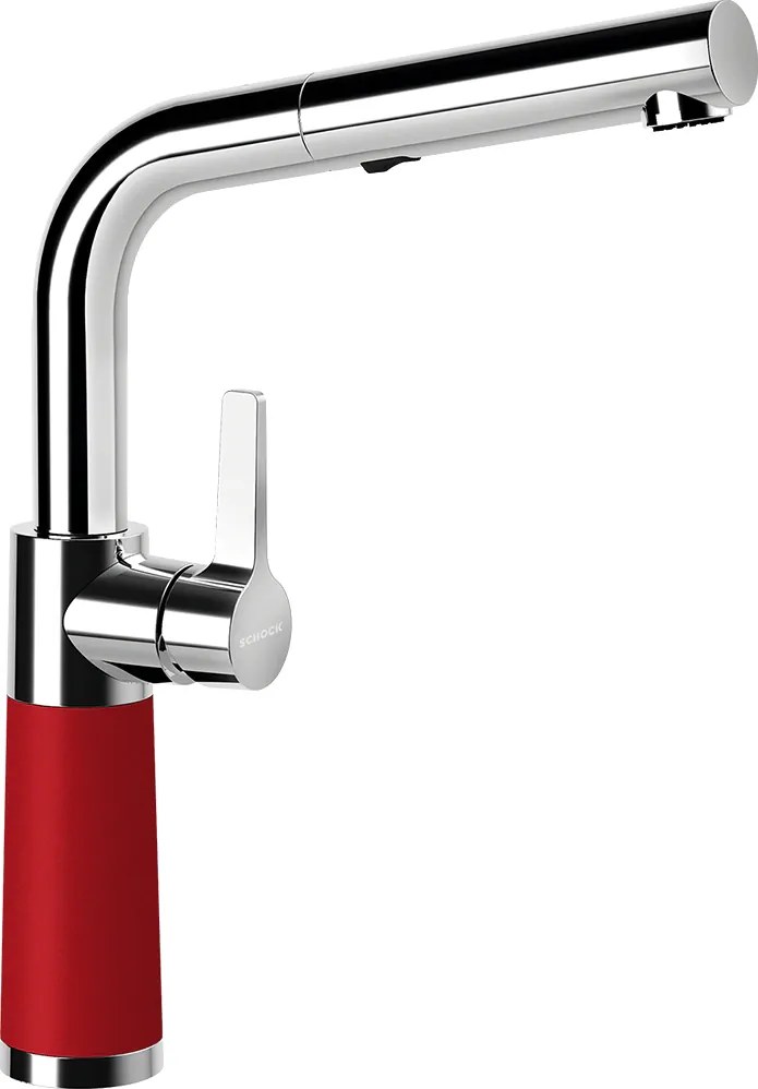 Baterie bucatarie Schock SC-540 Cristadur Rouge cu cap extractibil, 2 tipuri de jet, aspect granit, cartus ceramic, rosu