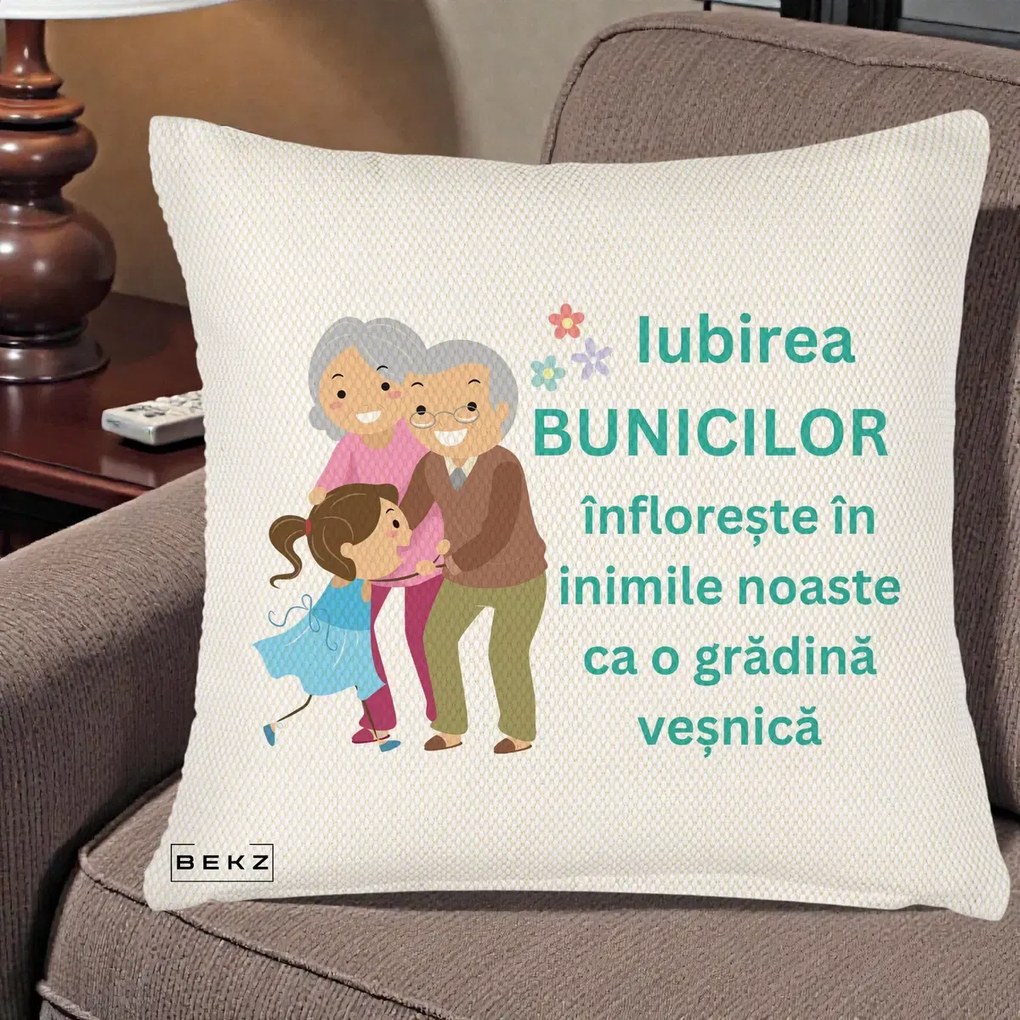 Cadou pentru Bunici - Perna Personalizata Bunicii Iubirea Infloreste cu Nepoata Teal, 40x40 cm, Crem Reliefat, Husa Detasabila, Perna Inclusa, BEKZ®