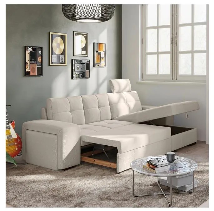 Canapea extensibilă PALERMO cu spațiu de depozitare și taburet, gri deschis, pe partea dreaptă