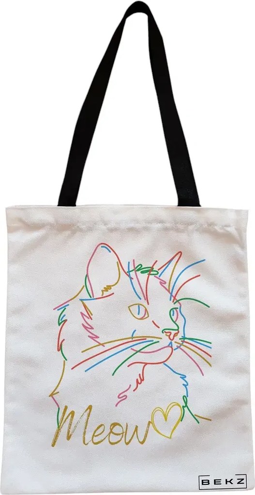 Sacosa de Panza pentru Cumparaturi, Geanta Tote, model Meow, Cu fermoar, 38x34.5 cm, Alba, BEKZ®