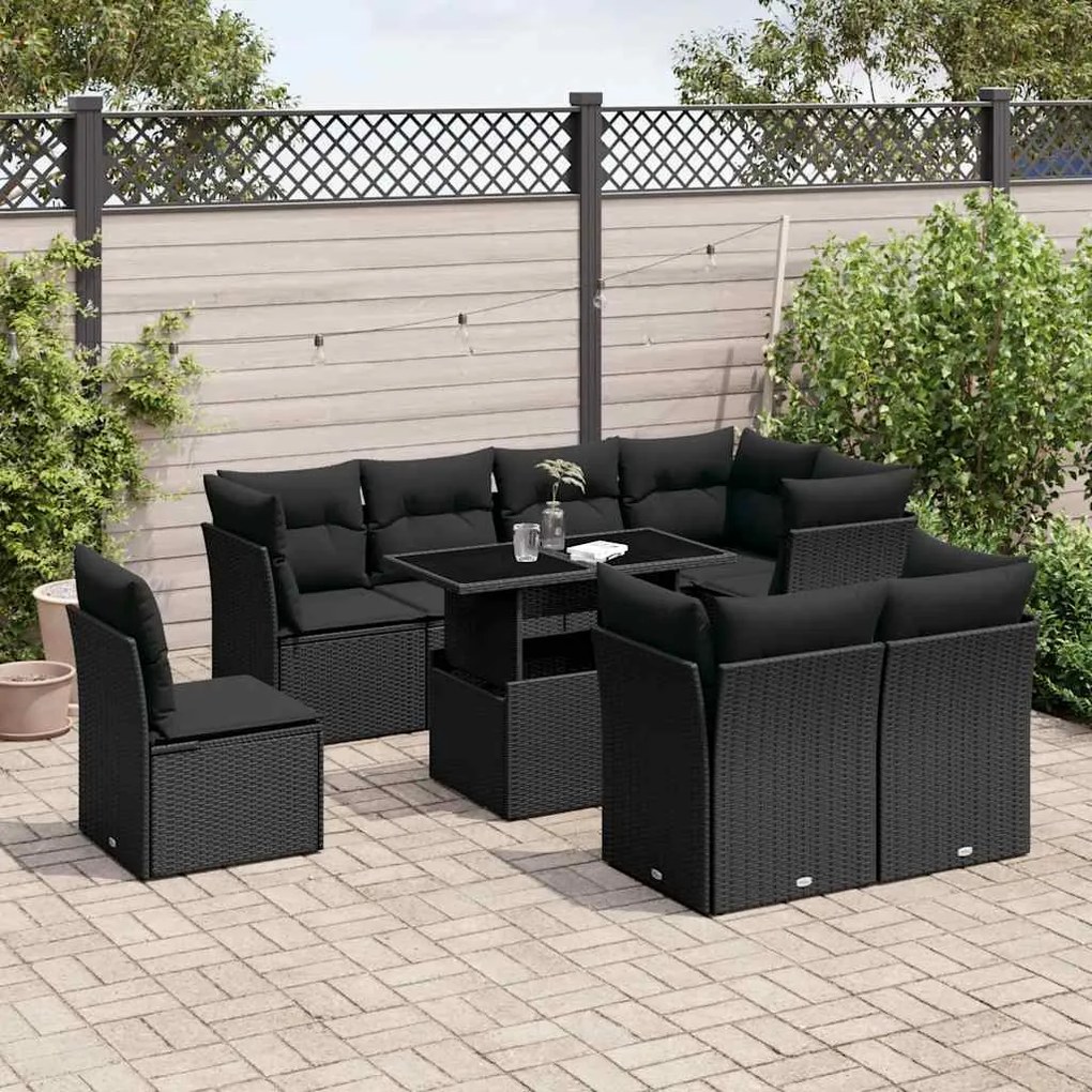 vidaXL Set mobilier de grădină cu perne, 9 piese, negru, poliratan