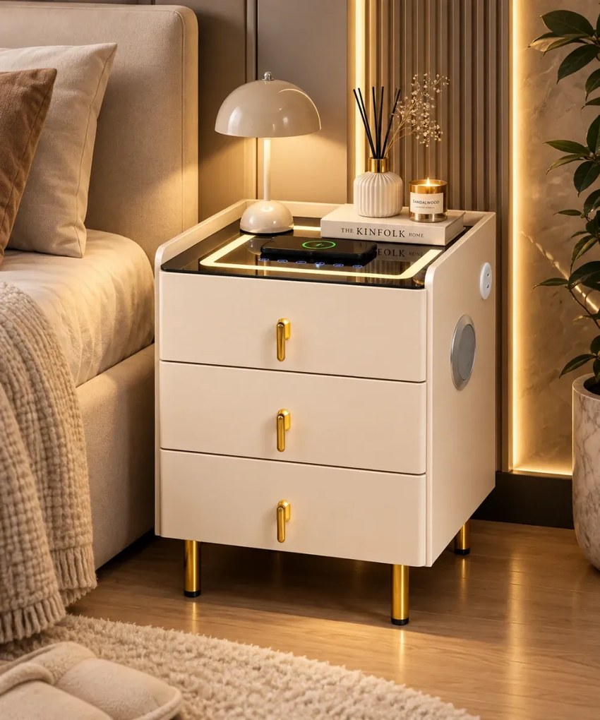 LIVÉA— Noptieră inteligentă cu încărcare Wireless, Bluetooth Stereo, iluminare RGB, USB + Type-C, Bej