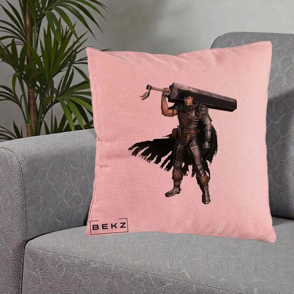 Perna Personalizata Berserk Guts Luptatorul Negru, 40x40 cm, Roz, Husa Detasabila, Perna Inclusa, BEKZ®
