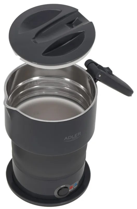 Fierbator pentru calatorii Adler AD 1377, 600W, 0,6 l, Corp pliabil din silicon, Protectie la supraincalzire, Indicator luminos, Gri/Negru