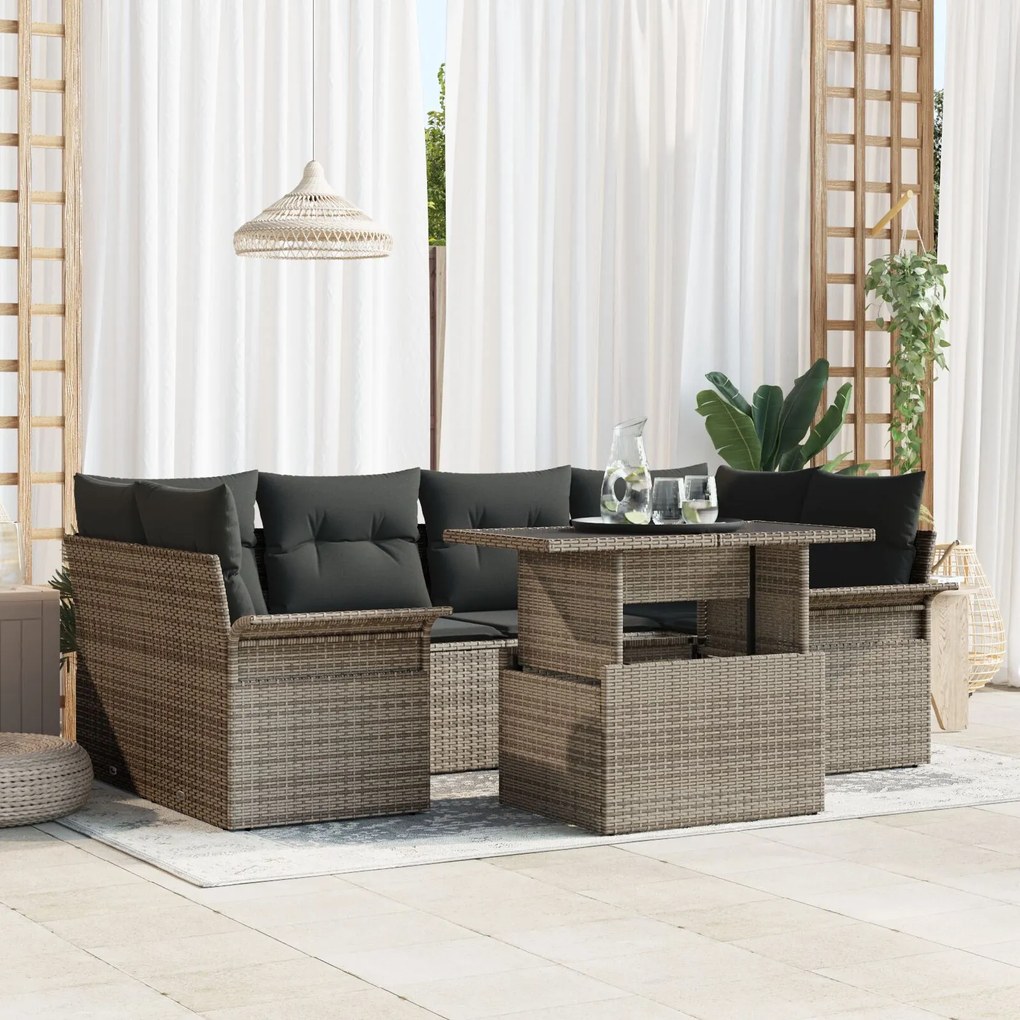 vidaXL Set de canapea de grădină cu 7 piese, perne gri, din ratan poly