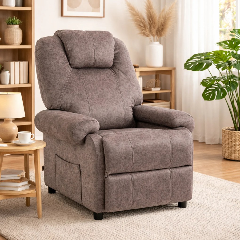 HOMCOM Fotoliu Relax Inclinabil Manual din Material textil, Fotoliu reclinabil cu Suport pentru Picioare Extensibila si Buzunar Lateral, Maro