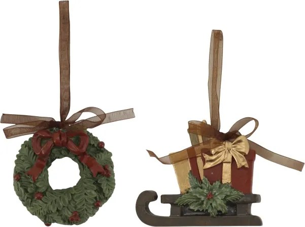 Set 2 ornamente decorative din rășină pictată manual, coronița și sanie cu cadouri, 8.5x9x2 cm, „Noël"