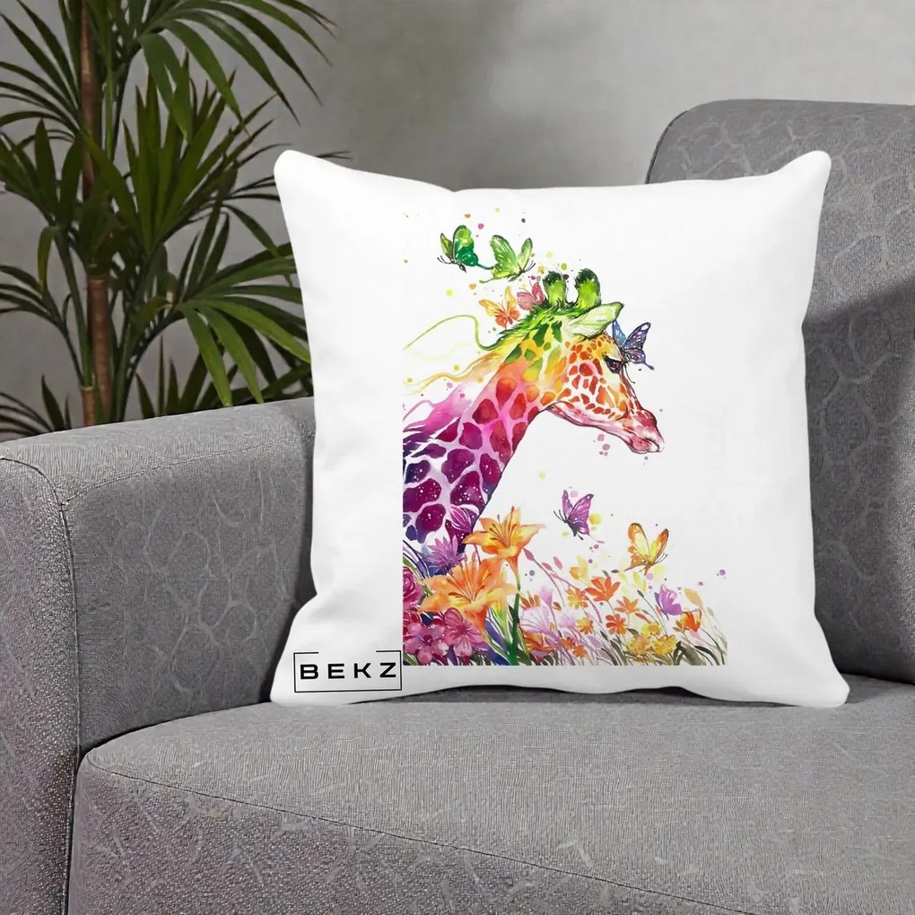 Perna Decorativa Girafa Curcubeu Acuarela, 40x40 cm, Alba Mata, Husa Detasabila, Perna Inclusa, BEKZ®