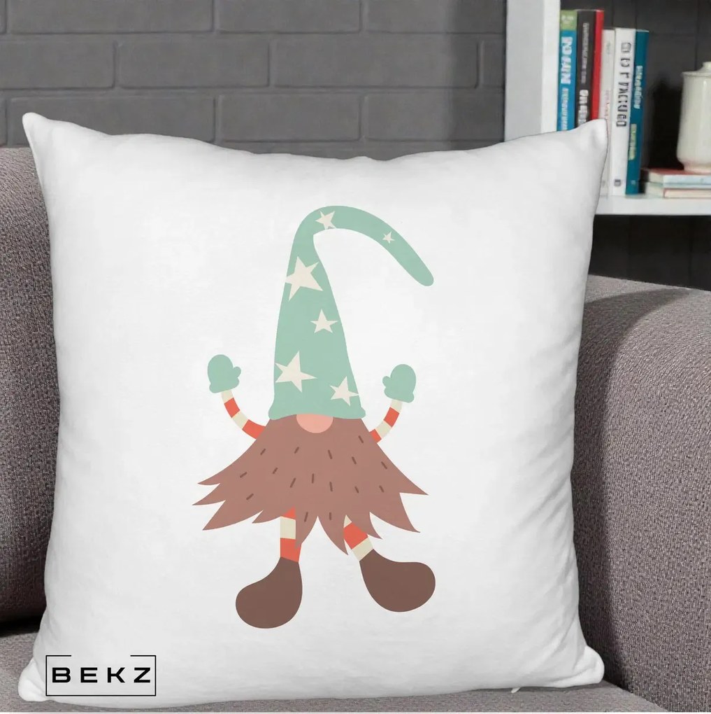 Perna Decorativa Pitic Gnom Nordic cu Cadou Menta, 40x40 cm, Alb Pufos, Husa Detasabila, Perna Inclusa, BEKZ®