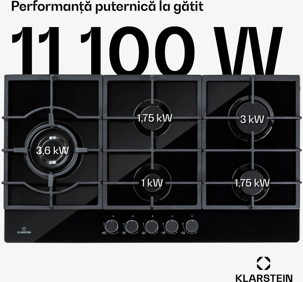 Klarstein Ignito Chef Edition, 5 zone, plită pe gaz, 5 arzătoare, arzătoare Sabaf, suprafață din sticlă ceramică