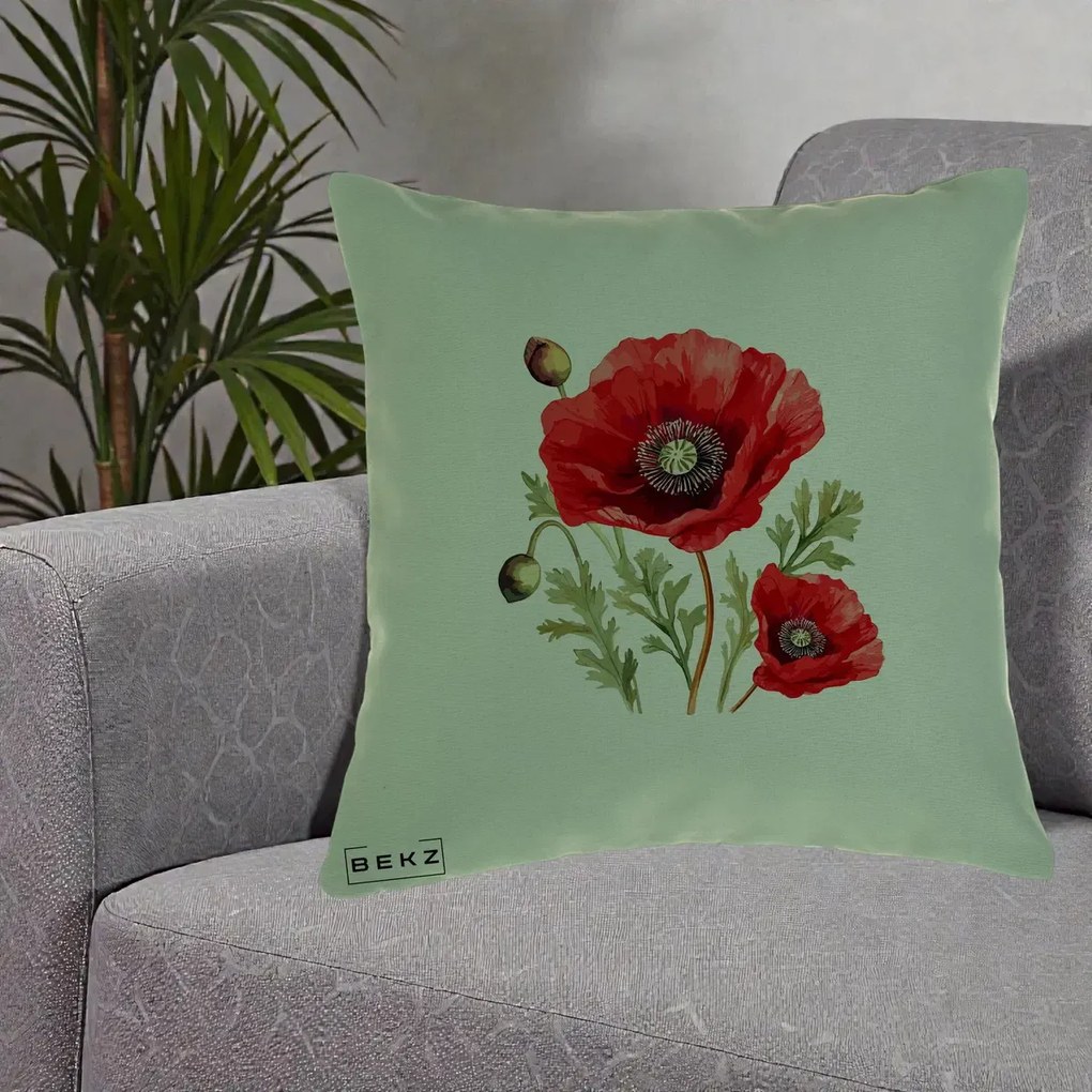 Perna Decorativa Maci Rosii Acuarela, 40x40 cm, Verde, Husa Detasabila, Perna Inclusa, BEKZ®