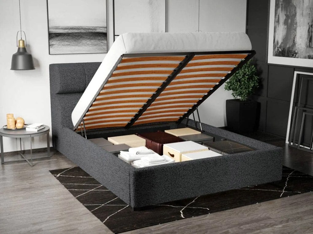 Pat Tapitat Galileo cu somiera rabatabila si lada de depozitare Gri Inchis - Coral 80 160x200