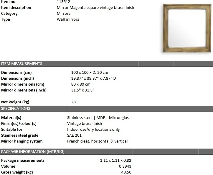 Oglinda decorativa design LUX din otel finisaj alama vintage Magenta 100x100cm 113612 HZ