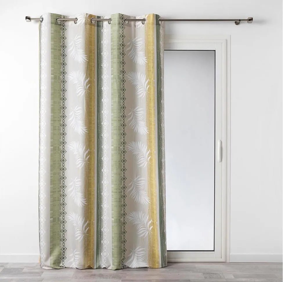 Perdea cu model scandinav galben-verde, pe cercuri cu un motiv de frunze 140 x 260 cm