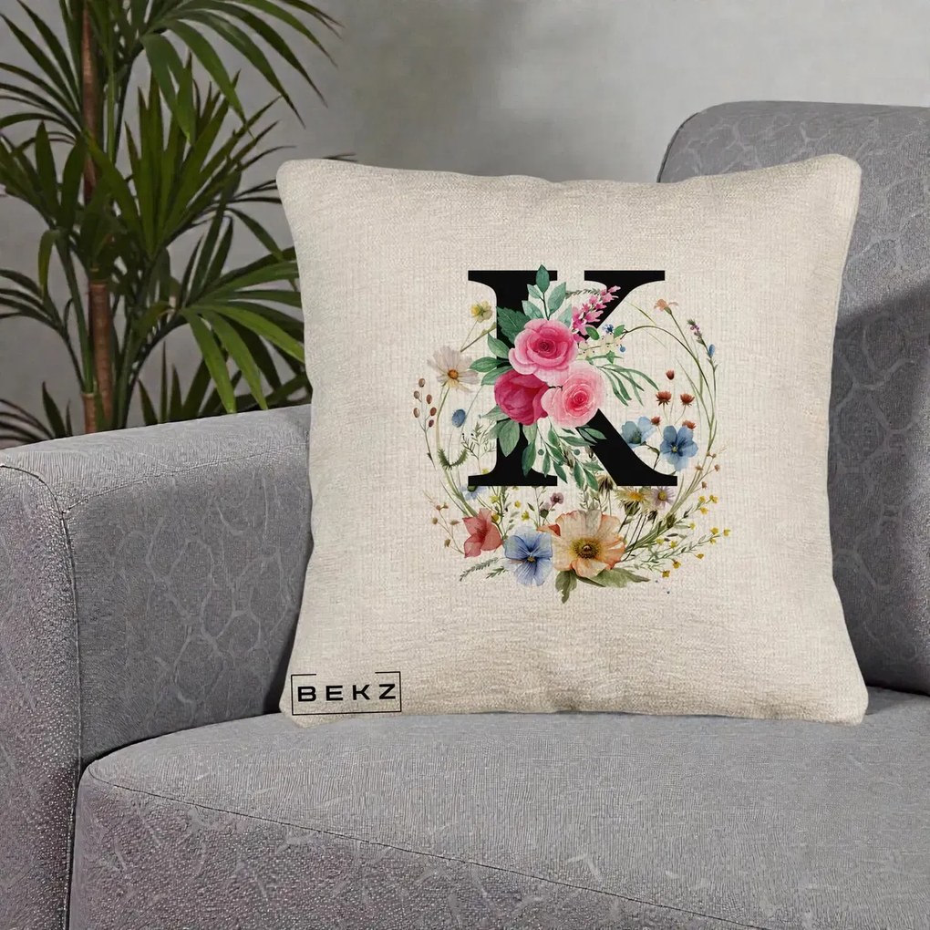 Cadou Personalizat - Perna Personalizata Monogram Litera K cu Flori Acuarela, 40x40 cm, Bej Canapea, Husa Detasabila, Perna Inclusa, BEKZ®