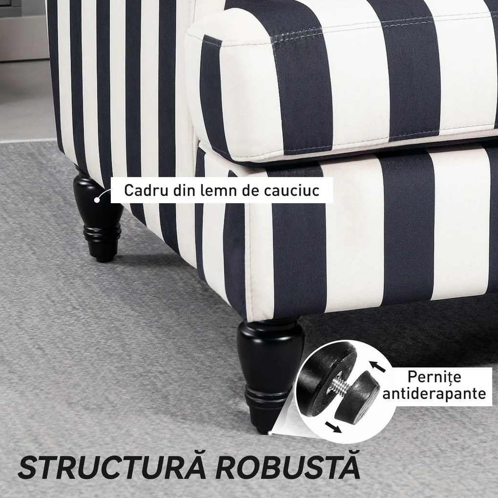 HOMCOM Fotoliu de Living cu Șezut Larg și Cotiere Lungi, Fotoliu din Catifea cu Dungi și Umplutură Groasă, 115x82x82 cm, Negru și Alb | Aosom Romania