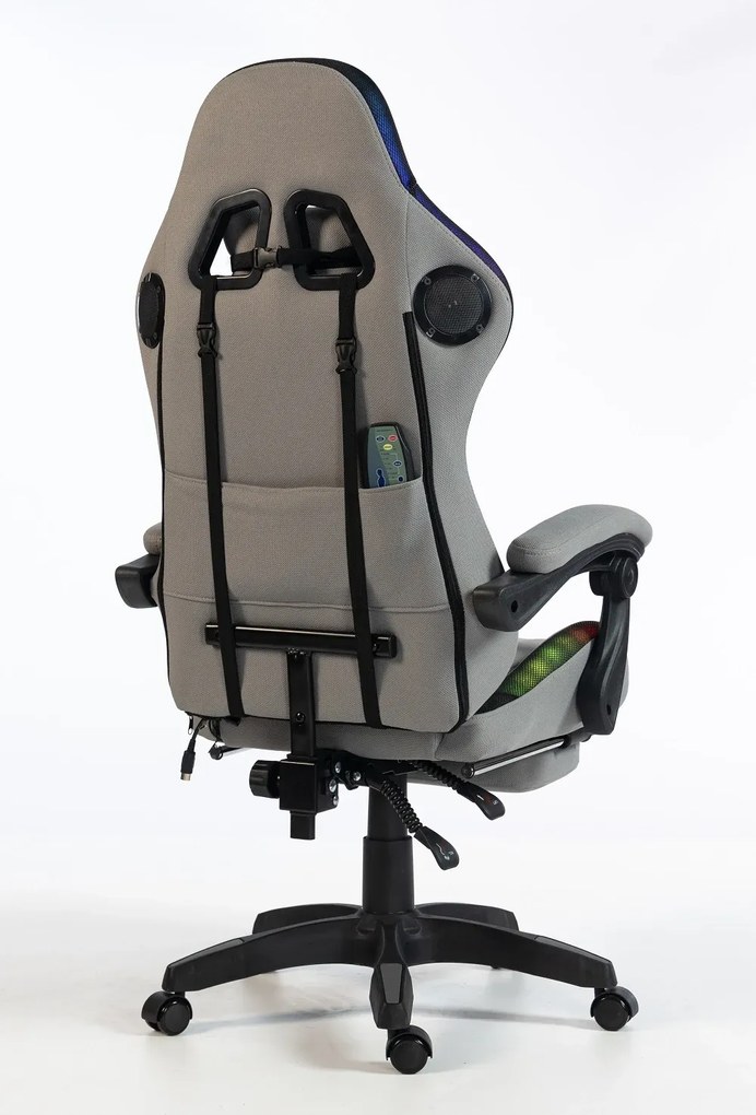 ALFORD Scaun gaming cu Masaj in 5 puncte, Perna lombara cu Masaj, Sistem iluminare banda LED RGB, Boxe Bluetooth, suport picioare, textil, Gri