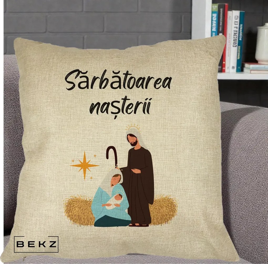 Perna Decorativa Nasterea Domnului Sfanta Familie Sarbatoarea Nasterii, 40x40 cm, Crem, Husa Detasabila, Perna Inclusa, BEKZ®