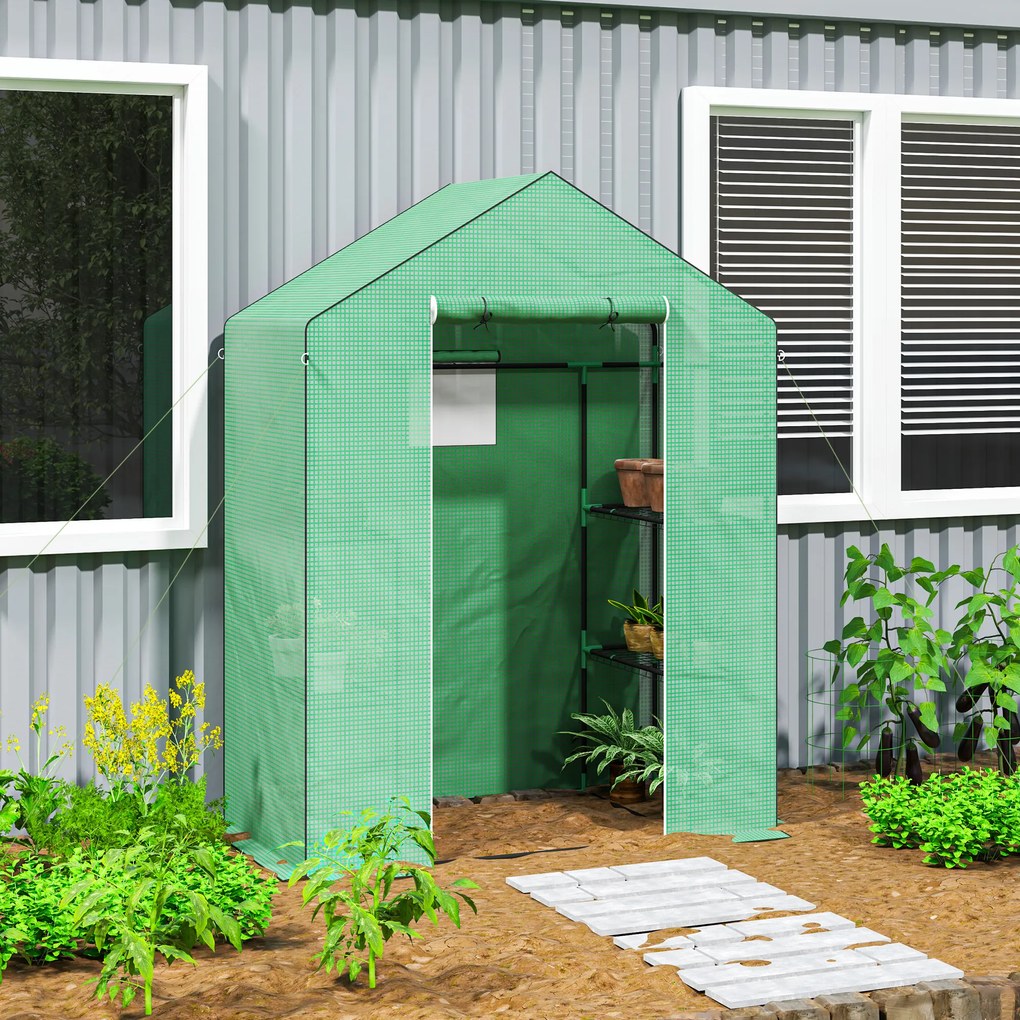 Outsunny Seră cu rafturi, Mini-seră, rezistentă la UV, fereastră de plasă, ușă cu fermoar, 143L x 74W x 190H cm, Verde | Aosom Romania