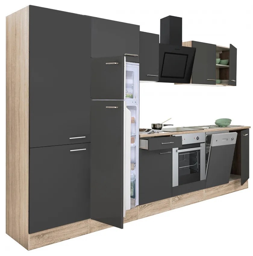 Mobilă de bucătărie Yorki 340, corp din stejar sonoma, front antracit satinat, element cuptor inferior, dulap cu rafturi și frigider cu congelator superior.