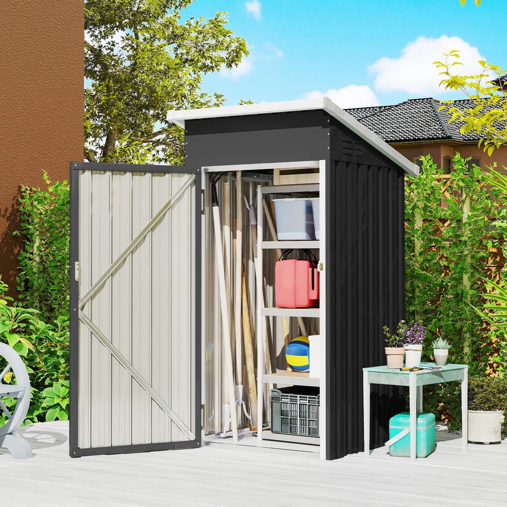 Outsunny Magazie de Grădină 0,74m² din Oțel Galvanizat cu Guri de Aerisire, Magazie cu Ușă Blocabilă, Acoperiș Înclinat, Mănuși, Depozitare Unelte, 107,5x91x185 cm, Gri Închis | Aosom Romania