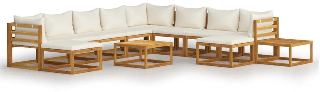 Set mobilier gradina cu perne crem, 12 piese, lemn masiv acacia Crem, 3x colt + 5x mijloc + 2x suport pentru picioare + 2x masa, 1