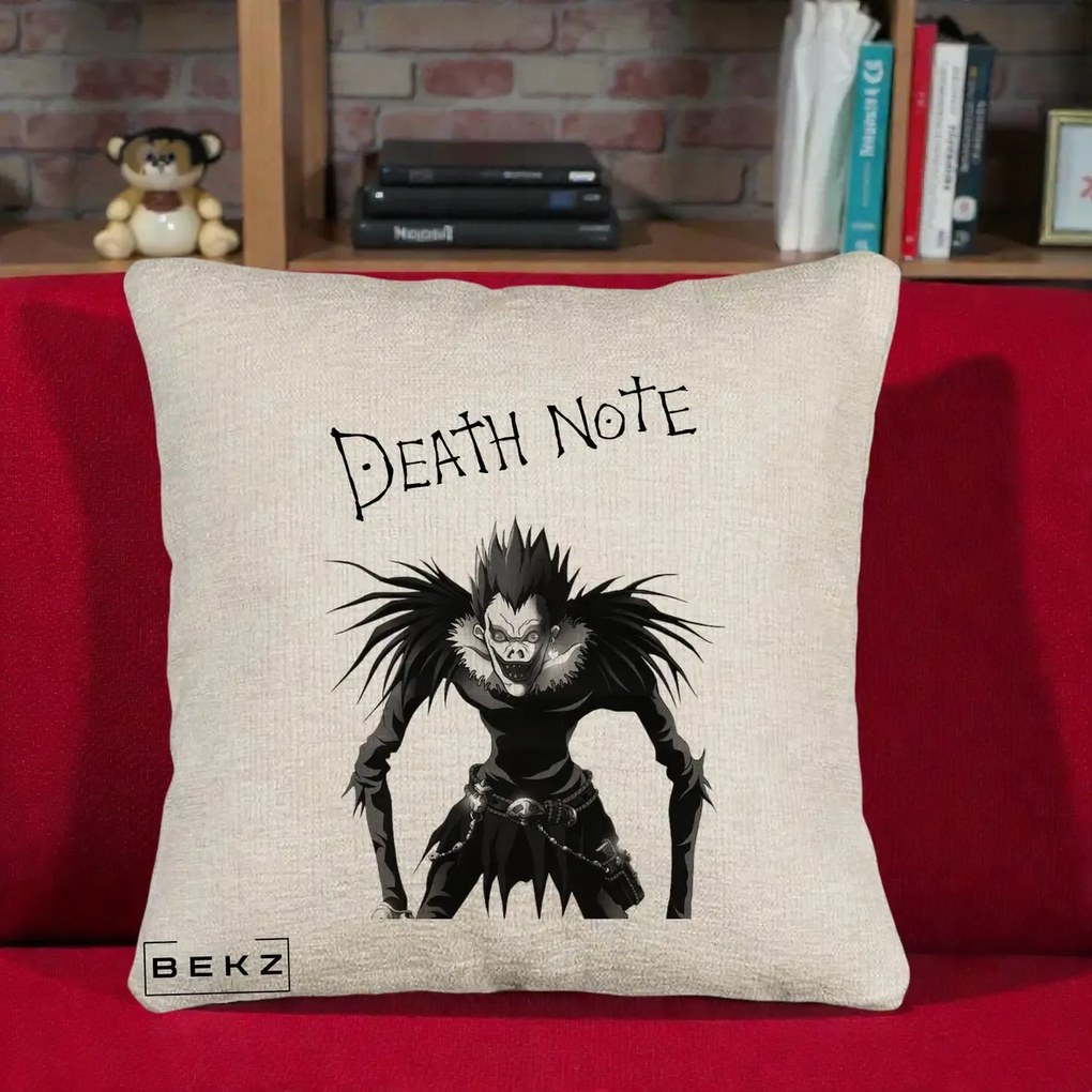 Perna Personalizata Death Note Ryuk Shinigami Alb-Negru, 40x40 cm, Bej Canapea, Husa Detasabila, Perna Inclusa, BEKZ®