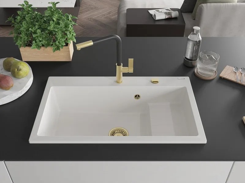 Mexen Omar chiuvetă de granit cu 1 compartiment 800 x 480 mm, alb, sifon auriu - 6520801005-20-G