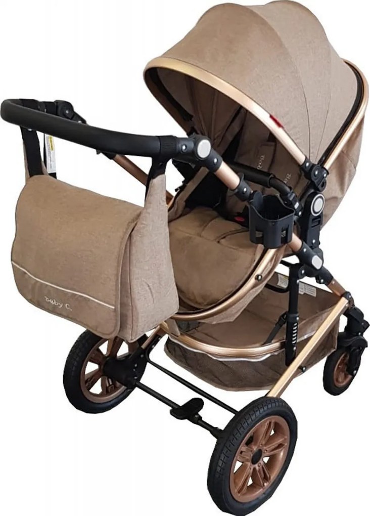 Carucior nou nascuti 3 in 1 Baby Care™ PRO 530 , Cu geanta bebe, Cadru Aluminiu Gold, Amortizoare, Roti din cauciuc plin AVE, Landou, Scoica auto,