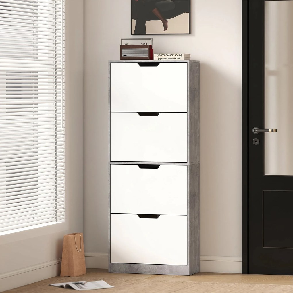 HOMCOM Scarpieră Economisitoare de Spațiu Modernă cu 4 Ante pentru 16 Perechi de Pantofi, 62.5x26x156 cm, Gri Ciment | Aosom Romania