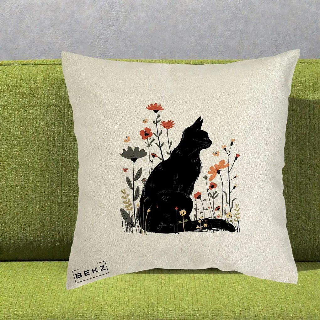 Perna Decorativa Pisica Neagra Profil Flori Portocalii, 40x40 cm, Ecru, Husa Detasabila, Perna Inclusa, BEKZ®