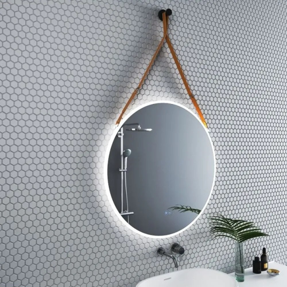 Oglinda cu iluminare si dezaburire Inter Ceramic forma rotunda 80 cm curea maro deschis