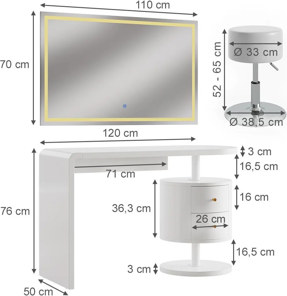 Masuta machiaj cu Oglinda LED si 2 Sertare pentru Cosmetice, Set Masa toaleta 120 cm, Alb Lucios, masuta cosmetica, vanity - SEA462