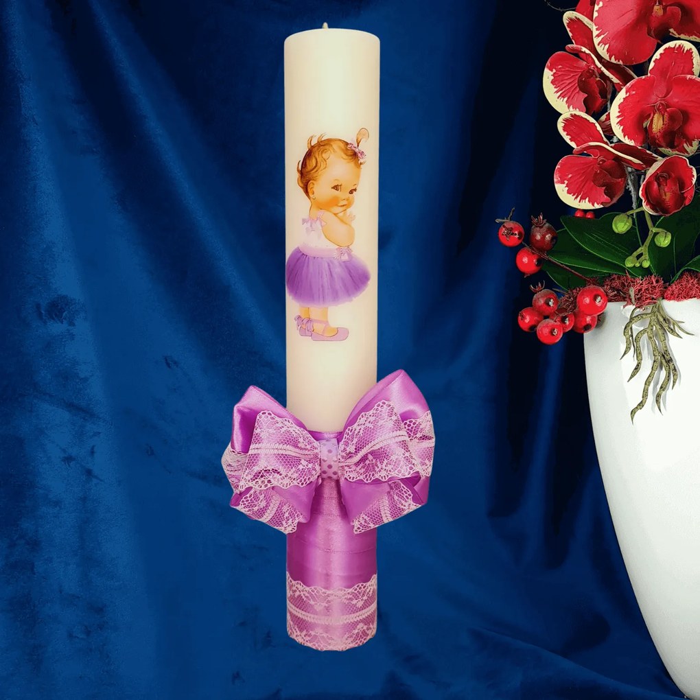 Lumanare botez decorata Printesa Mov 4,5 cm, 30 cm