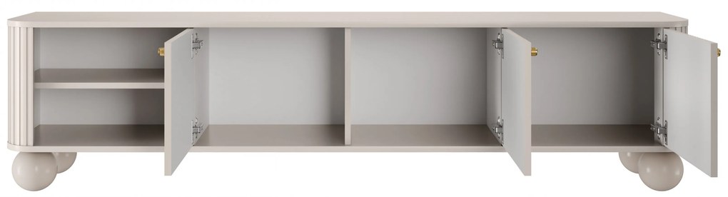 Comodă TV Vesper 187 cm cu trei uși - casmir cu mânere aurii și picioare sferice