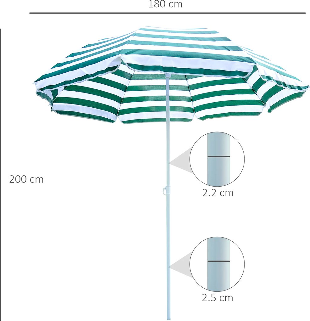 Outsunny Umbrelă de Plajă cu Acoperiș Înclinabil la 45°, Ø1.8x2 m, Verde și Alb | Aosom Romania