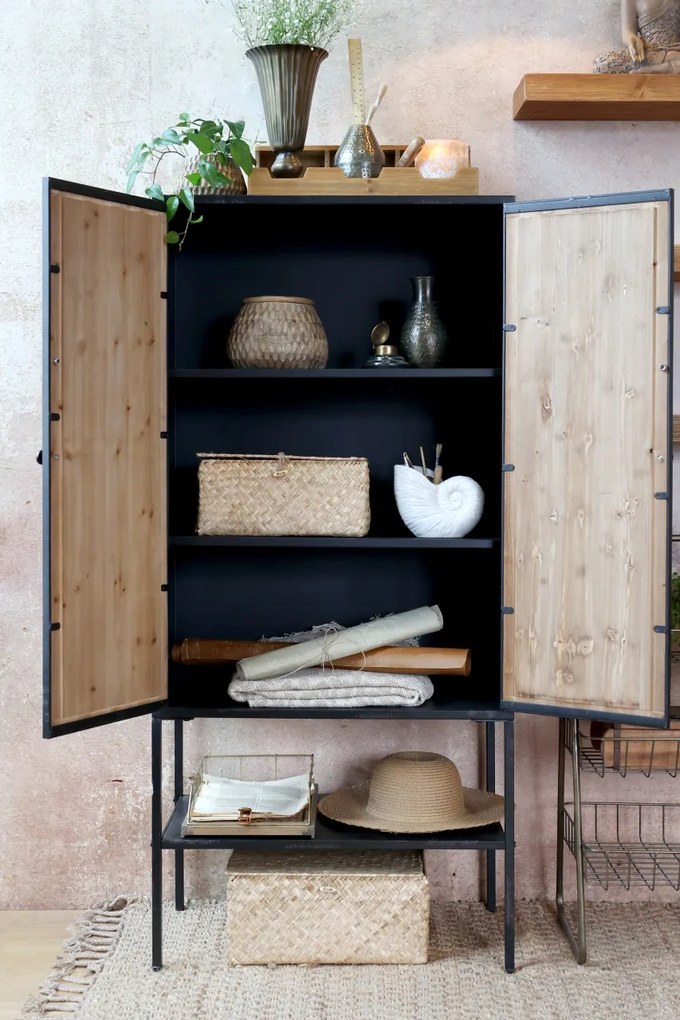 Dulap cu 2 uși și raft deschis, din lemn reciclat și metal, aspect rustic
