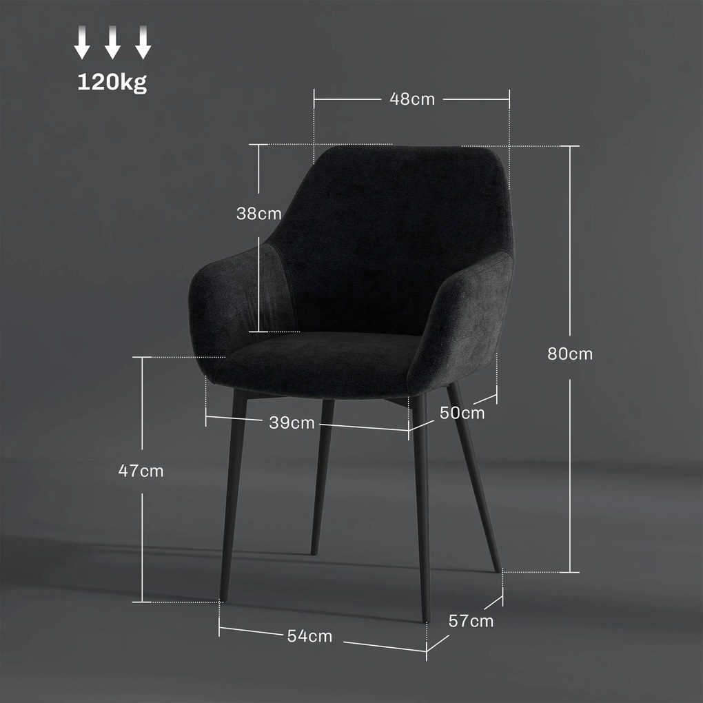 HOMCOM Set 2 Scaune Tapițate în Stil Nordic cu Brațe și Picioare din Oțel pentru Sufragerie, 54x57x80 cm, Negru | Aosom Romania