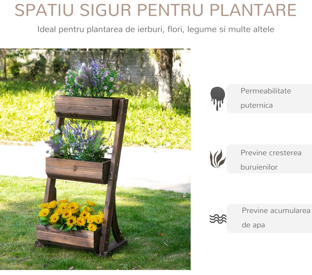 Outsunny Ghiveci Vertical din Lemn cu 3 Nivele pentru Flori, Plante, Aromatice 61x48x118 cm, Maro | Aosom Romania