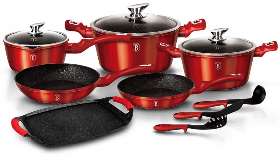 Set oale si tigai marmorate (12 piese) din aluminiu forjat Burgundy Metalic Line Berlinger Haus BH 1695