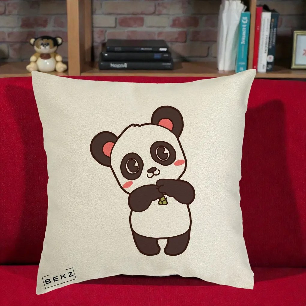 Perna Personalizata Panda Kawaii cu Bambus, 40x40 cm, Ecru, Husa Detasabila, Perna Inclusa, BEKZ®