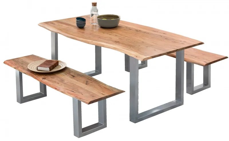 Masa dreptunghiulara cu blat din lemn de salcam Tables &amp; Benches 240 x 100 x 78 cm maro/argintiu