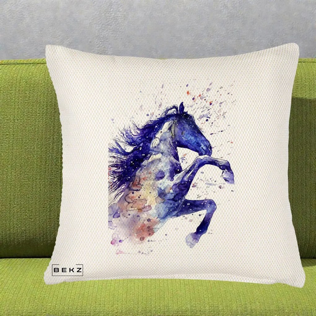 Perna Decorativa Cal Albastru Acuarela, 40x40 cm, Crem Reliefat, Husa Detasabila, Perna Inclusa, BEKZ®